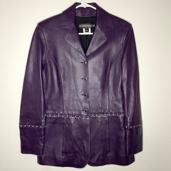 Griffith Gray for St. John Dark Purple Italian Leather Embellished Jacket Size 2 - Picture 1 of 6